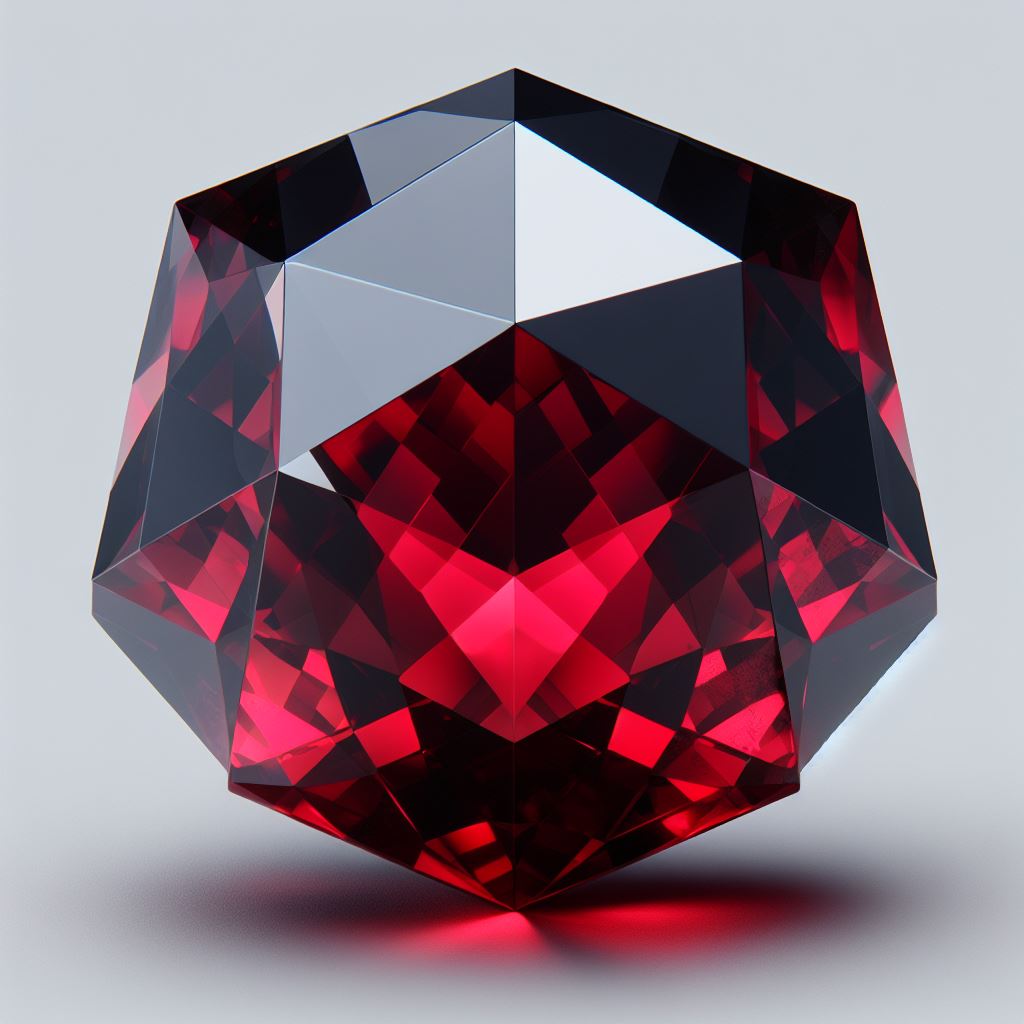 A generated image of a red polyhedron with some black tints